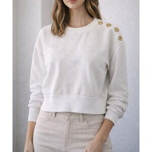 H&M Divided Womens White Cafe de la Mairie Marseille Sweatshirt Gold Buttons S